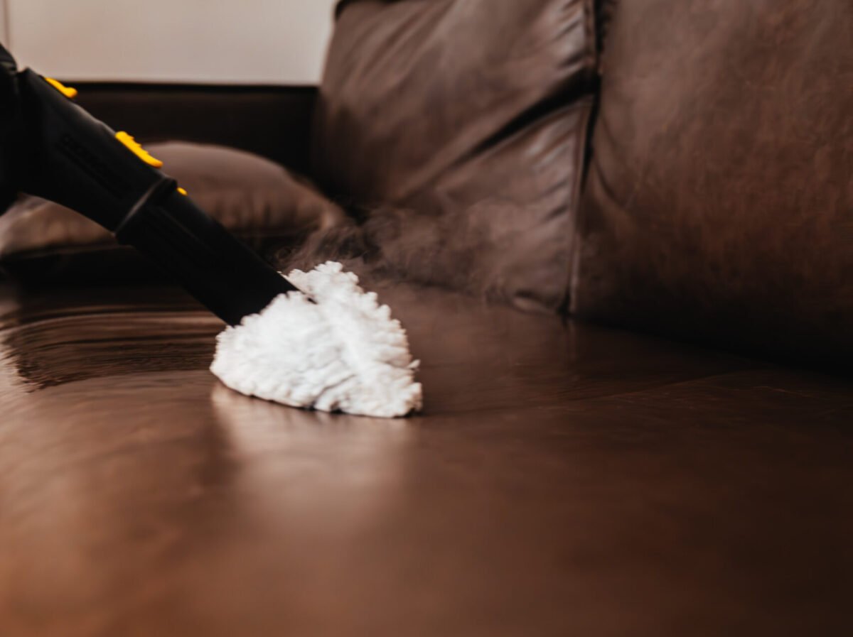 Professional upholstery cleaning on a leather sofa